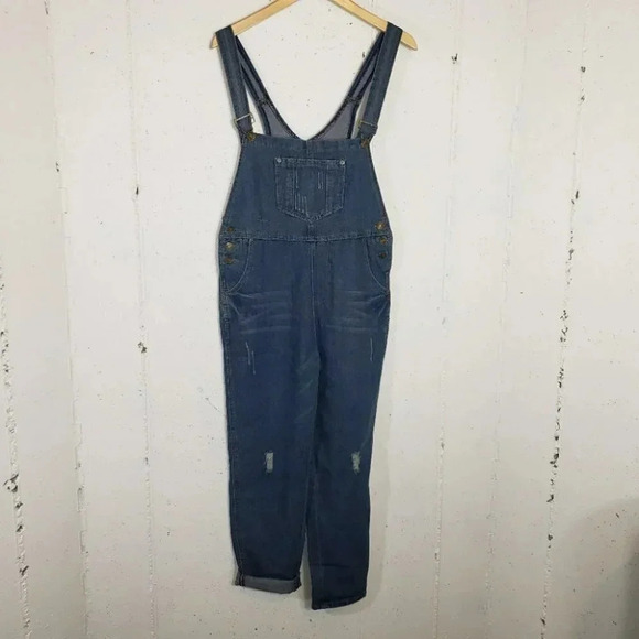 Distressed blue jean Overalls Small/Med - Picture 1 of 5
